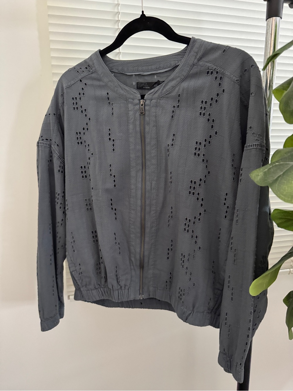 Prana Gray Eyelet Zip Bomber Jacket